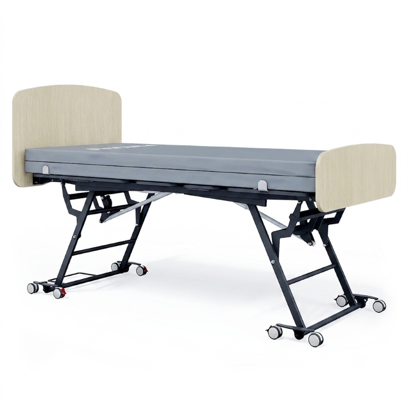 Accora Contesa floor bed raised to nursing height on locking casters
