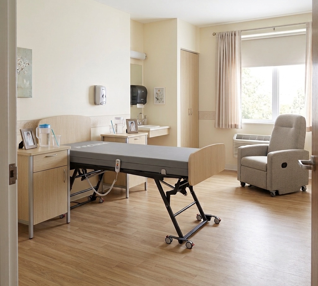 A long-term-care resident room furnished with IntelliCare Lumen Resolve casegoods and a Poise recliner