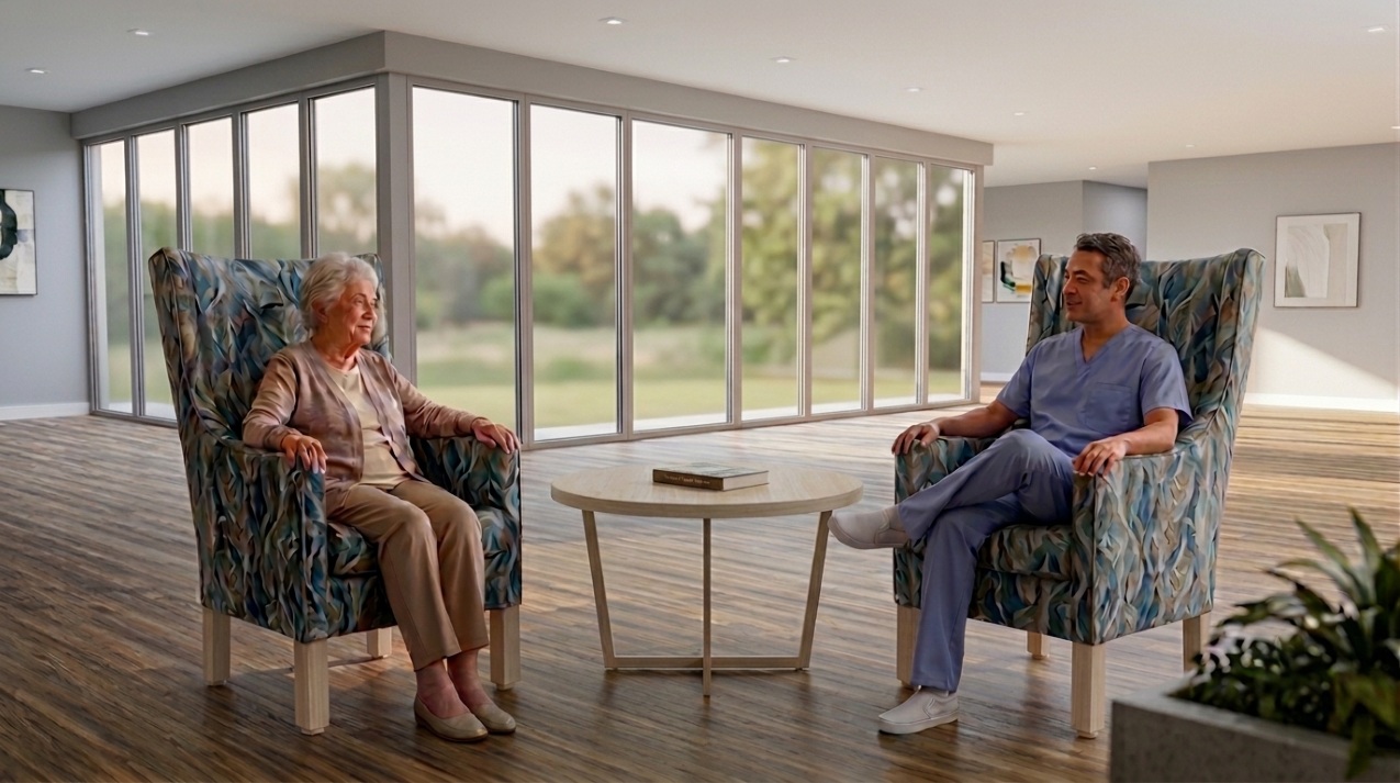 A resident and a care worker seated in IntelliCare Serenity Embrace lounge chairs beside a Tranquil side table