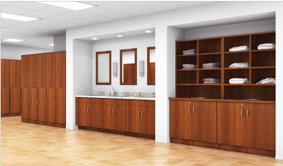 Commercial Locker & Vanity Storage System with Open Shelving – Premium Wood Finish