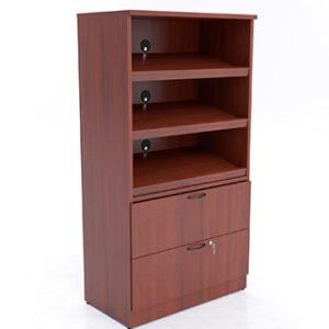 Modern Office Storage Cabinet with Open Shelves & Lockable Drawers – Wood Finish Organizer